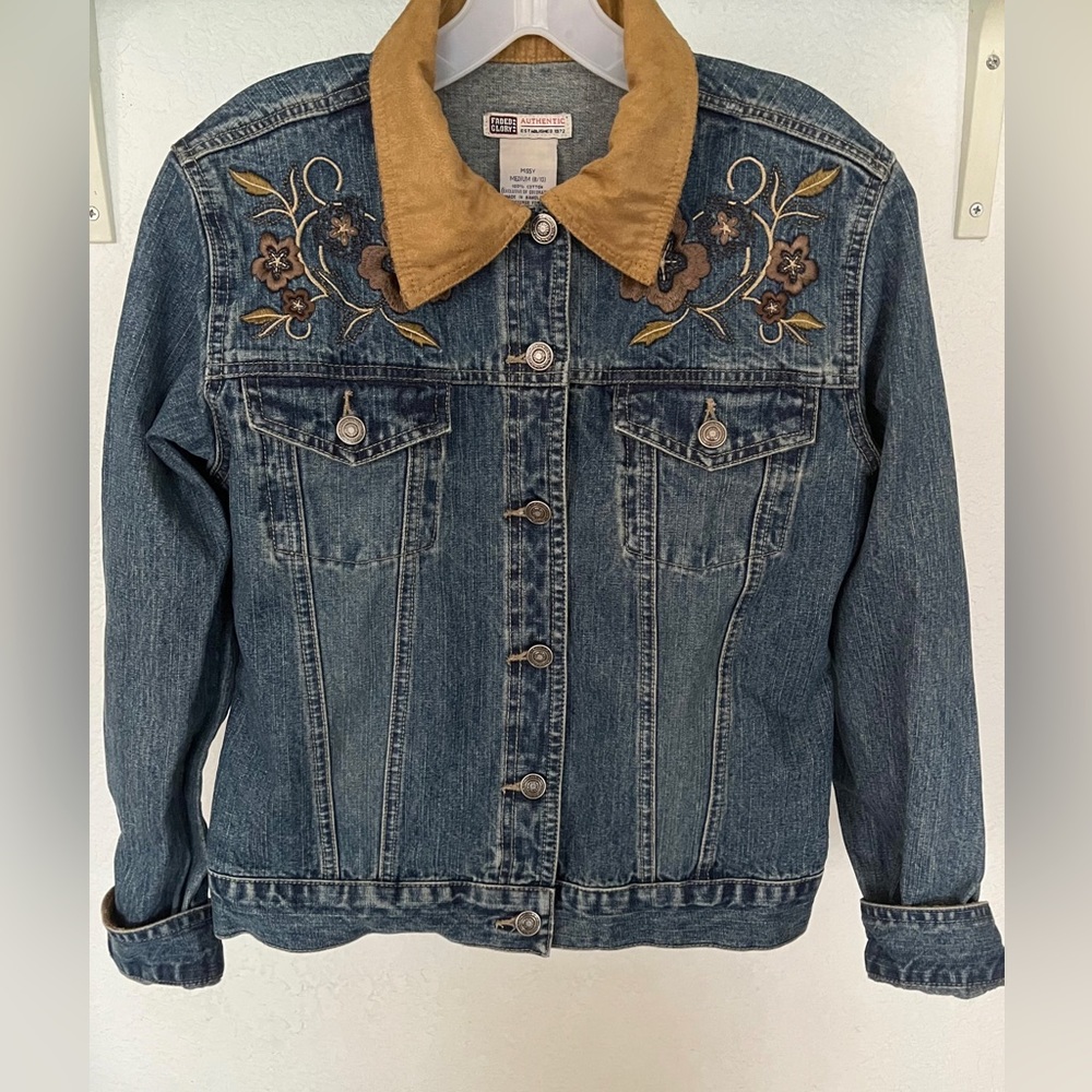 Embriodered Jean Jacket with Suede Collar and Cuffs - Like New